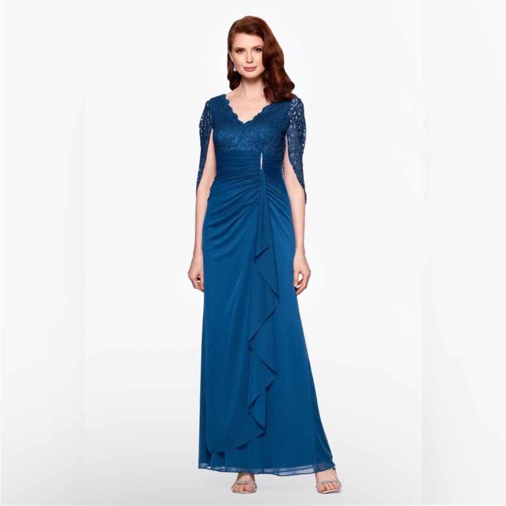 Betsy & Adam Teal Lace Cape Sleeve Ruched Chiffon Gown SZ 8 NWT MOB MOG Evening